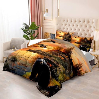 LUVIVIHOME 3PCS Black Bear Comforter Set Full Size, Rustic Cabin Bedding, Forest Animals Mallard Duck Wildlife Hunting Hunter Country Lodge Farmhouse Bedroom Decor, Microfiber Quilt, 2 Pillow Shams