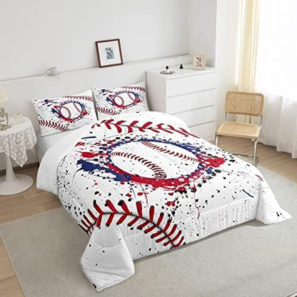 Castle Fairy Baseball Comforter Set Queen Size Graffiti Red Navy Blue Bedding Set 3pcs for Kids Boys Teens Bedroom Decor Ball Sports Gaming Quilt Set Baseball Player White Duvet Insert,2 Pillowcases