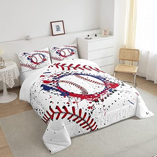 Castle Fairy Baseball Comforter Set Twin Size Graffiti Red Navy Blue Bedding Set 2pcs for Kids Boys Teens Bedroom Decor Ball Sports Gaming Quilt Set Baseball Player White Duvet Insert,1 Pillowcase