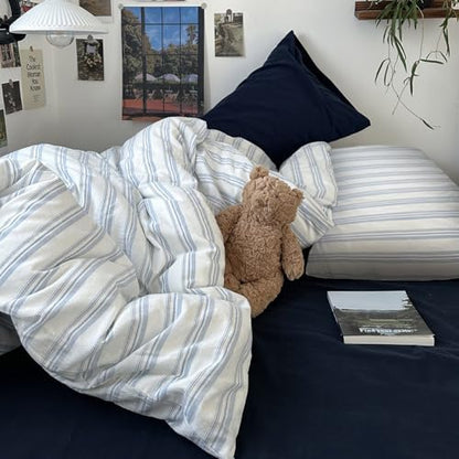 mixinni Vintage Light Blue & White Striped Comforter Set King Size - Soft Washed Cotton 3-Piece Bedding Set (1 Comforter + 2 Pillowcases), Retro Geometric Pattern, All-Season Breathable & Fluffy