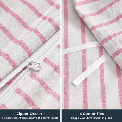 Wake In Cloud Striped Cotton Duvet Cover Set, Pink White, Full