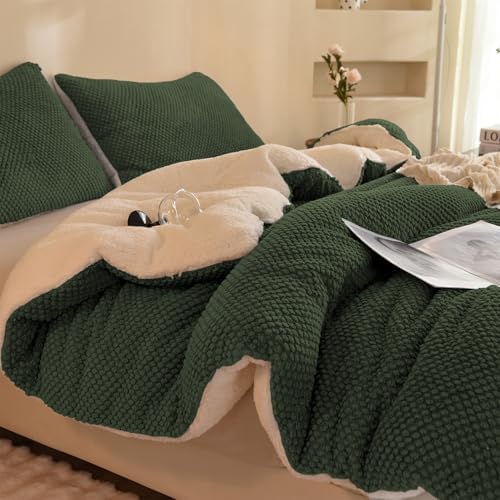 LLanCL 3D Jacquard Design Comforter Set, Ultra-Soft Warm Twin Size Sherpa Fur Plush 2-Pieces Sets Luxury Cozy Bedding with 1 Pillowcase (68"x90", Dark Green)