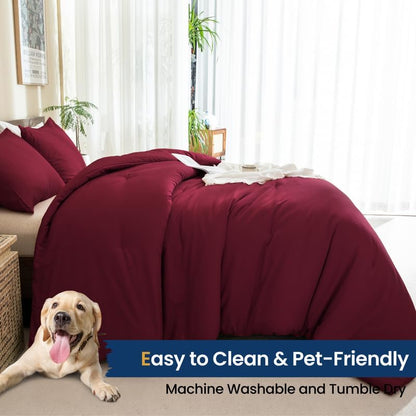 Paxrac Burgundy Comforter Set Queen, 3 Pieces Lightweight Solid Bedding Set, Soft Fluffy Comforter, All Season Bed Set (90"x90" Comforter & 2 Pillowcases)