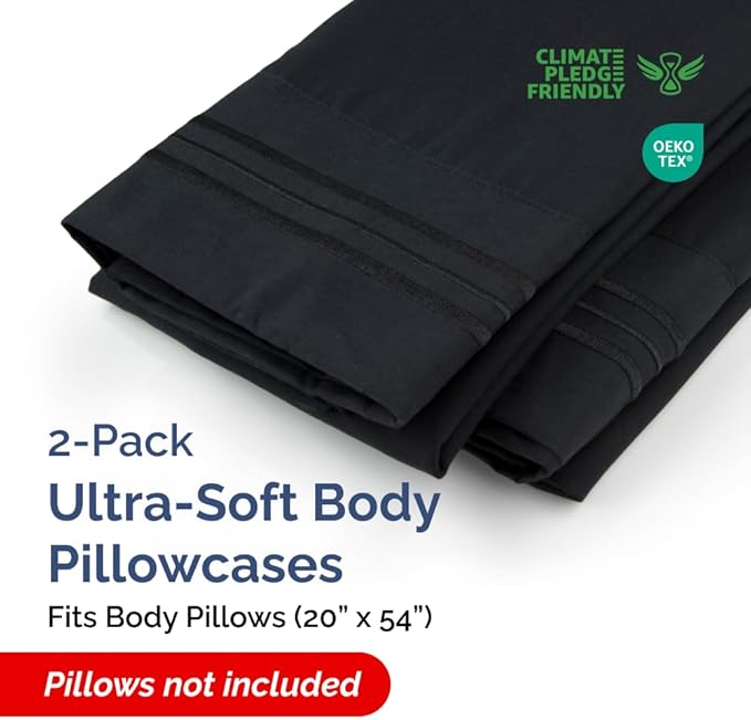 Body Pillowcases Set of 2-20x54 Long Body Pillow Case - Soft Body Pillow Cover for Sleeping & Side Sleepers - Comfy, Breathable, Wrinkle & Fade Free - Machine Washable w/Envelope Enclosure (Black)