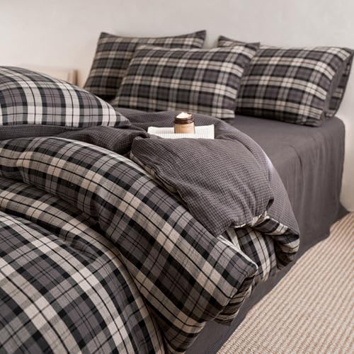 Vintage Grey Plaid Duvet Cover Gingham Bedding Set Twin 100% Cotton Muslin Duvet Cover Like Linen Feel Soft Comfy Grey Plaid Grid Checkered Comforter Cover Breathable Grid Farmhouse Dorm Bedding Set