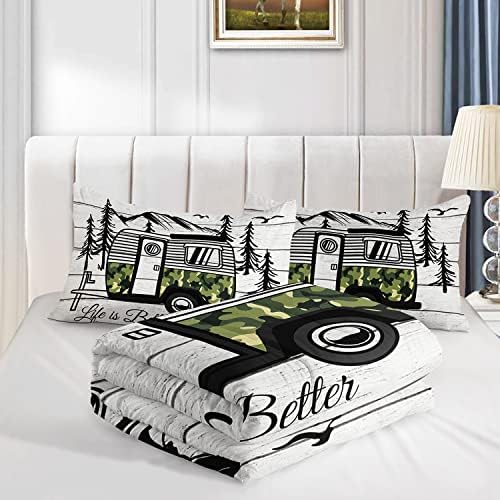HOSIMA Happy Camping Decor Comforter Set,Camouflage Camper Bedding Queen Size for Kids Teen Girls Boys Room Decor,Camper Accessories for Travel Trailers Themed Bedding with 2 Pillowcases.