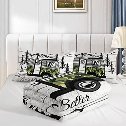 HOSIMA Happy Camping Decor Comforter Set,Camouflage Camper Bedding Queen Size for Kids Teen Girls Boys Room Decor,Camper Accessories for Travel Trailers Themed Bedding with 2 Pillowcases.