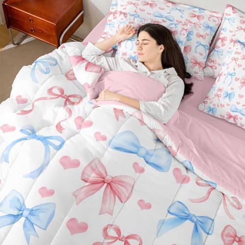 Erosebridal Princess Bow King Size Comforter Set with Sheets | Pink Bow Tie 7-Piece Bedding Set Blue Ribbon Bowknot Bed in a Bag, Girly Kawaii Love Hearts Bed Sets