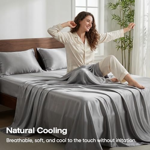 100% Real Bamboo Viscose & Lyocell Tencel Sheets Set Queen Size | Breathable & Cooling for Hot Sleeper | Luxury Silky Soft Fabric | 18" Deep Pocket with Corner Straps (Charcoal, Queen)