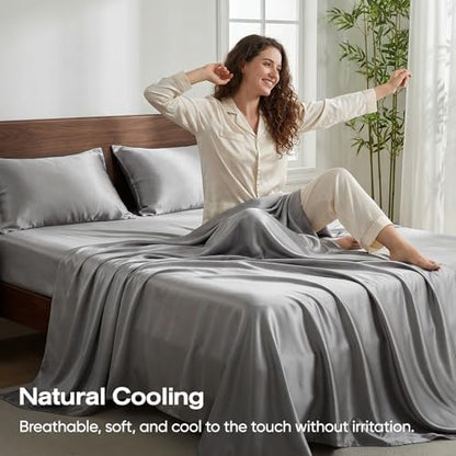 100% Real Bamboo Viscose & Lyocell Tencel Sheets Set Queen Size | Breathable & Cooling for Hot Sleeper | Luxury Silky Soft Fabric | 18" Deep Pocket with Corner Straps (Charcoal, Queen)