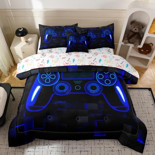6pcs Gamepad Comforter Set for Boys,Twin Size Bedding Sets for Teen,Kids Comforter Set with 1 Quilt+1 Flat Sheet+1 Fitted Sheet+2 Pillowcases+1 Cushion Cover(Gamepad-F Twin)