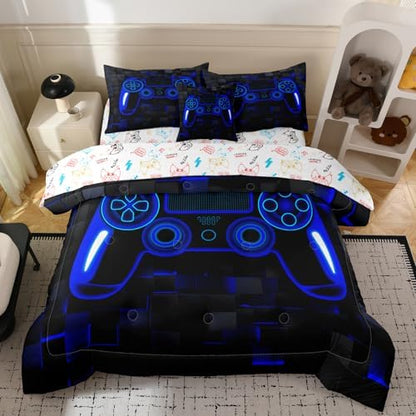 6pcs Gamepad Comforter Set for Boys,Twin Size Bedding Sets for Teen,Kids Comforter Set with 1 Quilt+1 Flat Sheet+1 Fitted Sheet+2 Pillowcases+1 Cushion Cover(Gamepad-F Twin)