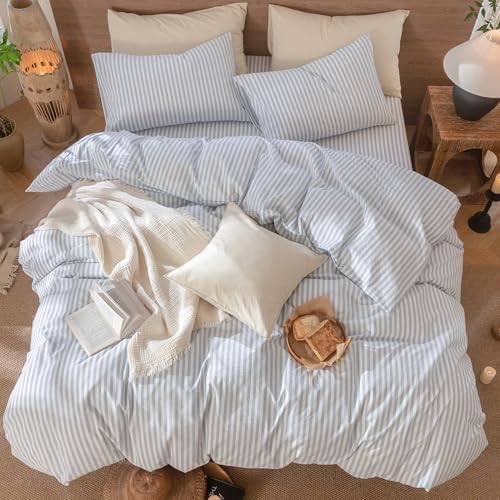 MooMee Striped Duvet Cover Set 100% Washed Cotton Linen Like Super King
