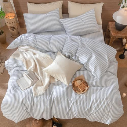 MooMee Striped Duvet Cover Set 100% Washed Cotton Linen Like Super King