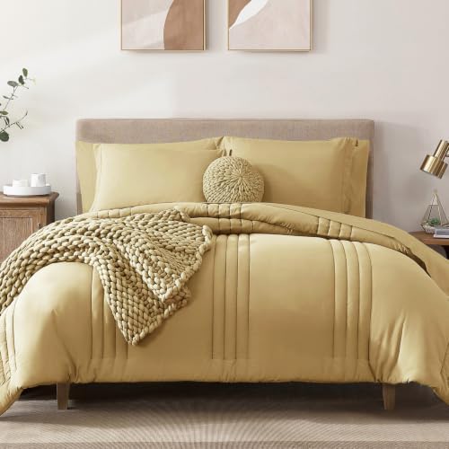 Queen Comforter Set-7 Pieces Butter Yellow Bed in a Bag Queen Bedding Sets