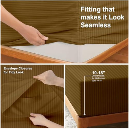 NON Sticky cotton Twin 4 Piece Sheet Set, 100% Long Staple Cotton, Soft Cooling Hotel Luxury Bedding Sheets, Deep Pocket Fits 10" to 18" Mattress, 39" x 75", Taupe Stripe