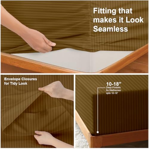 NON Sticky cotton Twin XL 4 Piece Sheet Set, 100% Long Staple Cotton, Soft Cooling Hotel Luxury Bedding Sheets, Deep Pocket Fits 10" to 18" Mattress, 39" x 80", Taupe Stripe