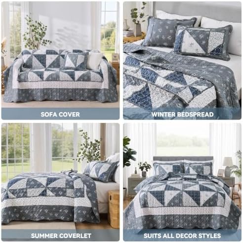 Oversized King Size Quilt Set 128x120 Grey Floral Patchwork Bedspreads Set