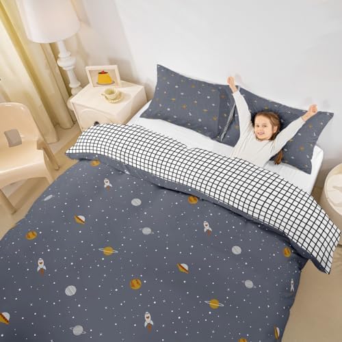 Erosebridal Galaxy Series Bedding Set, Grid Decor Duvet Cover, Full Size for Boys Teens Kids Bedroom Decor Comforter Cover Set Starry Sky Planet Lattice Pattern Soft Microfiber Reversible Quilt Set