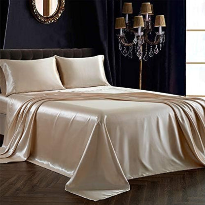 SiinvdaBZX 4Pcs Satin Sheet Set Queen Size 15-Inch Deep Pocket, Beige