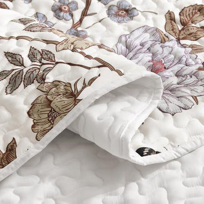 Litanika Floral White Quilt Queen - 3Pcs Botanical Birds Bedding Set