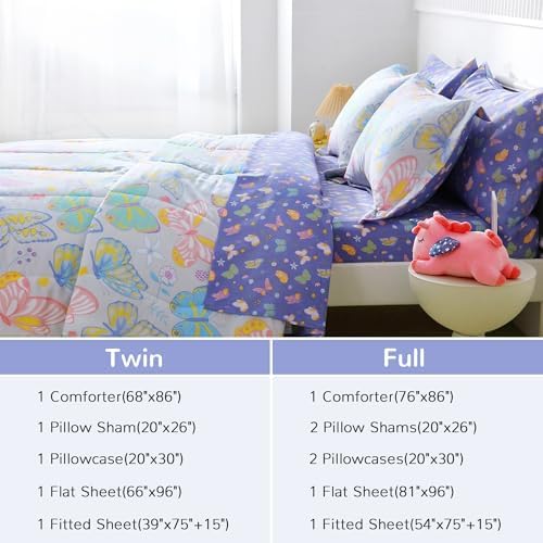 Viviland Kids Full Bedding Sets, Girls Comforter, Colorful Butterfly