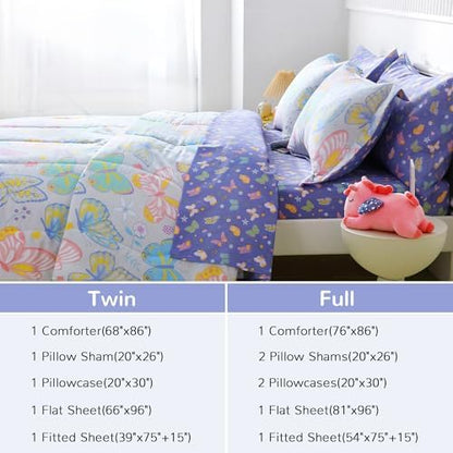Viviland Kids Full Bedding Sets, Girls Comforter, Colorful Butterfly