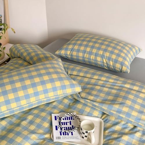 mixinni Yellow Blue Green Checkered Duvet Cover Set - Full Size, 3-Piece 100% Cotton Bedding Set, Soft & Breathable Geometric Plaid Comforter Cover with Zipper for All Seasons
