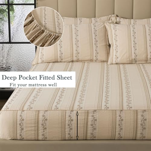 FADFAY 100% Cotton Twin XL Bed Sheet Set for College Dorms, Woven Jacquard Floral, Soft & Breathable, Deep Pocket Fitted Sheet, Envelope Pillowcase, Luxury Farmhouse & Cottagecore Bedding 4Pcs