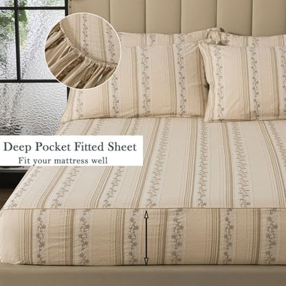 FADFAY 100% Cotton Twin XL Bed Sheet Set for College Dorms, Woven Jacquard Floral, Soft & Breathable, Deep Pocket Fitted Sheet, Envelope Pillowcase, Luxury Farmhouse & Cottagecore Bedding 4Pcs