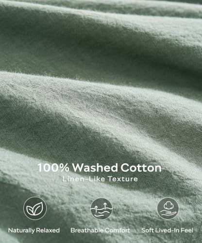 JELLYMONI 100% Washed Cotton Green Duvet Cover King, Linen-Like