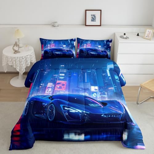 Feelyou City Racing Car Bedding Set Toddle Size Blue Sport Car Comforter Set for Adult Kids Boys Teens Fast and Furious Duvet Set Luxury Car Quilt Set 2Pcs