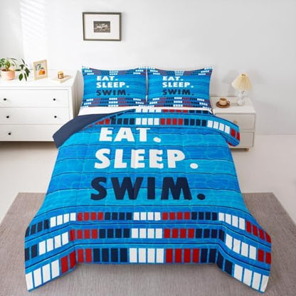 Homewish Swimmer Bedding Sets Twin Size,Swimming Lover Comforter Set 2Pcs for Kids Teens Boys Men Room Decor,Swimming Sports Quilted Duvet Swimming Lane Stripes Dark Blue Down Comforter,1 Pillowcase