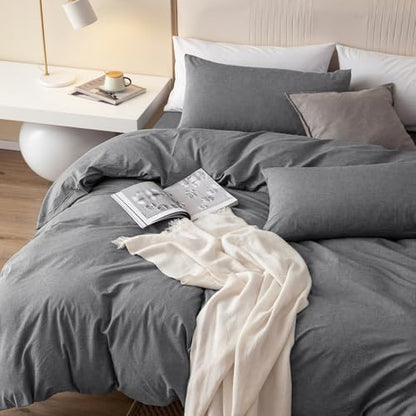 JIYUAN California King Washed Cotton Duvet Cover Set, Relaxed Linen Feel