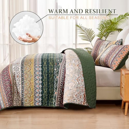 WONGS BEDDING Boho Queen Quilt Set, 3 Pieces Bedspread, Orange Green