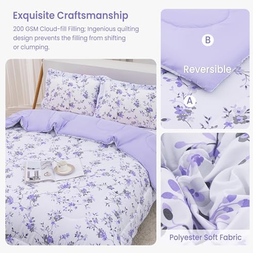 Mooreeke Floral Queen Size Comforter Sets, Lightweight Purple Lavender Botanical Printed Bedding for All Seasons, 3-Piece Vintage Bed in a Bag with Fluffy Quilted Reversible Comforter & 2 Pillow Shams