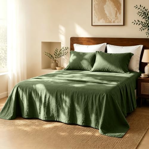 MEISHANG 100% French Linen Sheets Queen,4 Pcs,18-24" Extra Deep Pocket