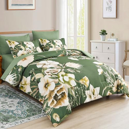 Luxudecor Floral Comforter Set Queen Size 7 Piece, Olive Green Flower Bed in a Bag, Elegant Comforter Bedding Set for All Season (Olive Green, 90"x90")