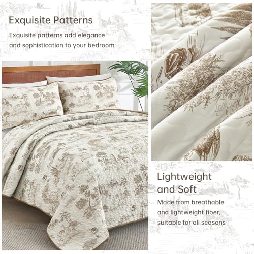 Drucon Khaki Quilt Set King Size, Toile Farmhouse Bedspreads, 3 Pieces Rustic Village Landscape Printed Coverlet, Soft Microfiber Quilt Bedding Set for All Season (106x90 Inch)