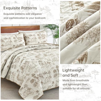 Drucon Khaki Quilt Set King Size, Toile Farmhouse Bedspreads, 3 Pieces Rustic Village Landscape Printed Coverlet, Soft Microfiber Quilt Bedding Set for All Season (106x90 Inch)