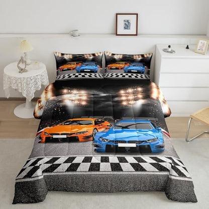 Feelyou Sports Car Comforter King Size Decor Orange Blue Race Car Comforter Set for Kids Boys Racing Car Bedding Set Extreme Sports Competitive Quilt Set Room Decorations