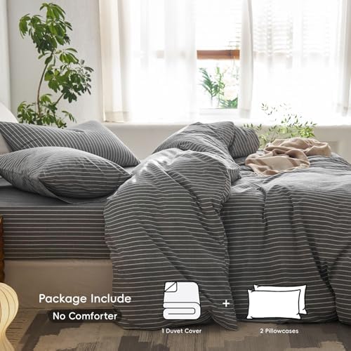 MooMee Striped Duvet Cover Set 100% Washed Cotton Linen Like Alaska King