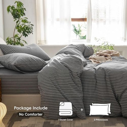 MooMee Striped Duvet Cover Set 100% Washed Cotton Linen Like Alaska King
