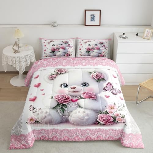 Feelyou Kids Cute Cartoon Bear Comforter Set Toddler Pink Rose Butterfly Love Heart Bedding Set Boys Girls Flowers Floral Pattern Quilt Set Pink Lace Pattern Bed Set