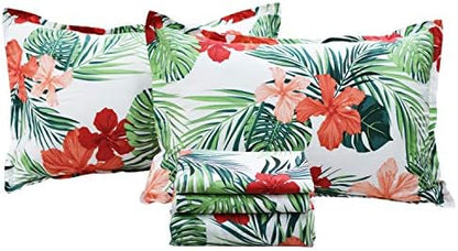 FADFAY Hawaiian Bedding Sheet Set Tropical Red Hibiscus Palm Leaves 100% Cotton Hypoallergenic Deep Pocket Fitted Sheet 4-Pieces Full Size