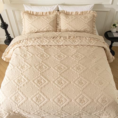 Sobrecamas Queen Elegantes,Queen Floral Quilt Set,Reversible Beige Coverlet