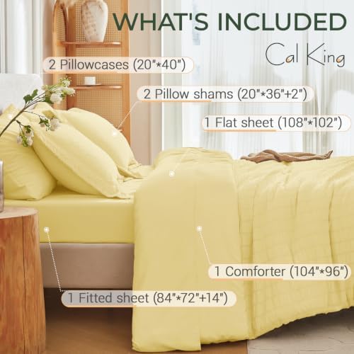 MUXHOMO 7 Pieces California King Comforter Set, Seersucker Bed in a Bag Cal King Size, All Season Luxury Bedding Set with Comforter, Flat Sheet, Fitted Sheet, Pillowcases & Shams, Yellow
