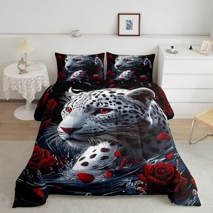 jejeloiu Leopard Comforter Set Full Size Kids Cheetah Print Rose Bedding Set for Boys Girls Teens Wild Animal Duvet Breathable Safari Quilt Bedroom Decor,1 Comforter with 2 Pillowcase