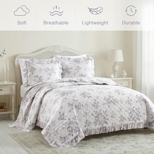 HORIMOTE HOME Greyish Blue Ruffled Quilt Twin Size with 1 Pillow Sham, Shabby Chic Reversible Floral Bedspread Coverlet, Soft Lightweight Comforter Bed Cover for All Season, 2 Pieces, 68x86 inches