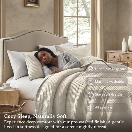 WDCOZY 100% Cotton California King Size Quilt Set, Pick Stitch, Light Beige